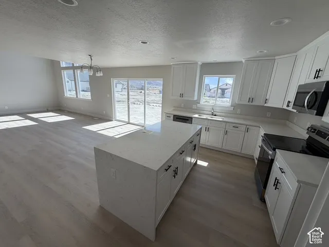 Open concept layout with wood-finish flooring, white shaker cabinetry, and light-toned countertops