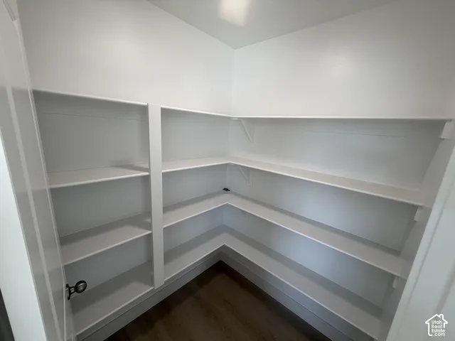 Corner pantry featuring wood-finish flooring and extensive built-in shelving