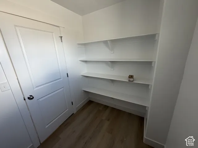 Interior storage space featuring multiple built-in shelving units, a paneled door, and wood-finish flooring