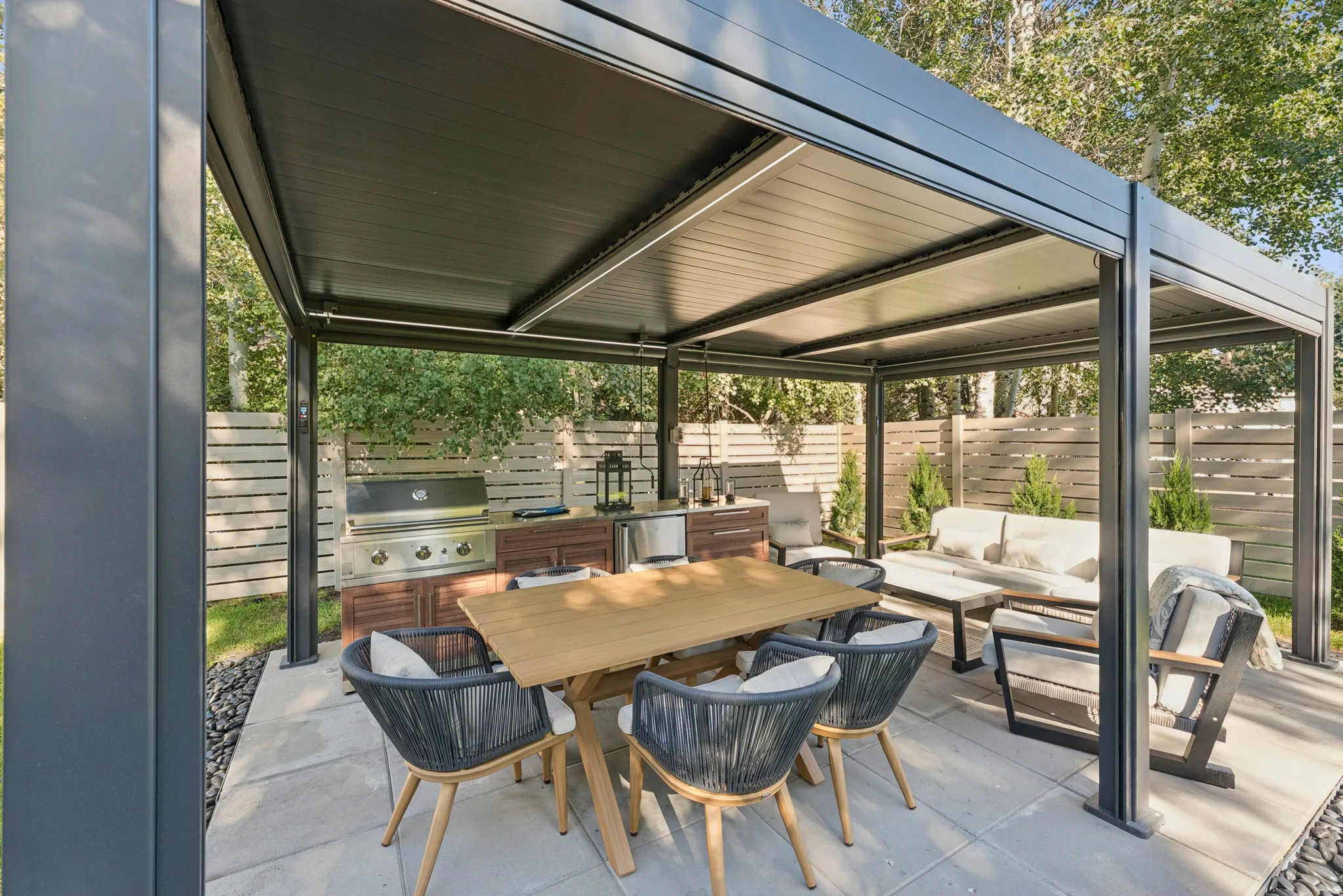 Fenced backyard with outdoor lounge area, a patio area, and area for grilling