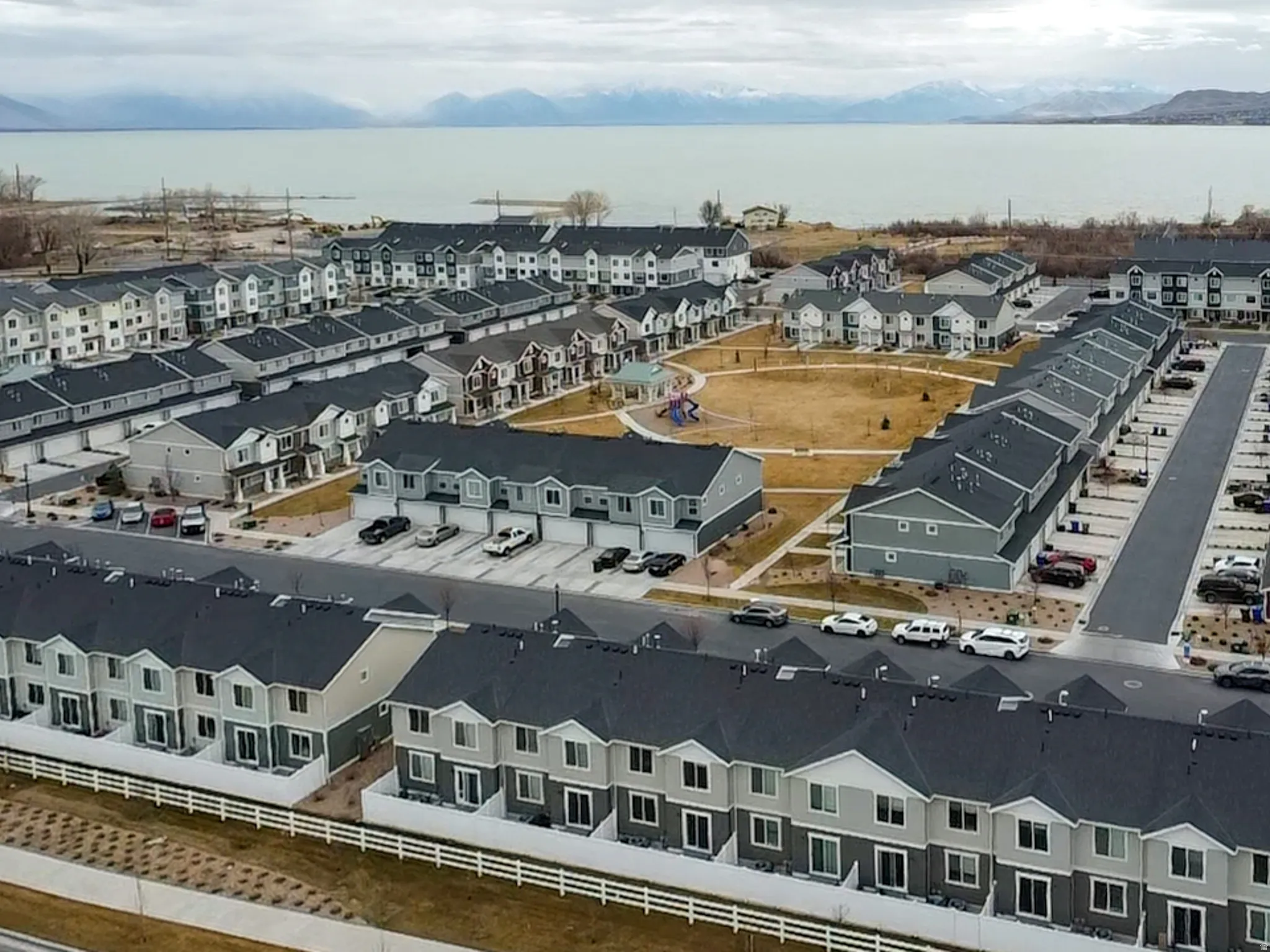 Aerial view of a nearby body of water