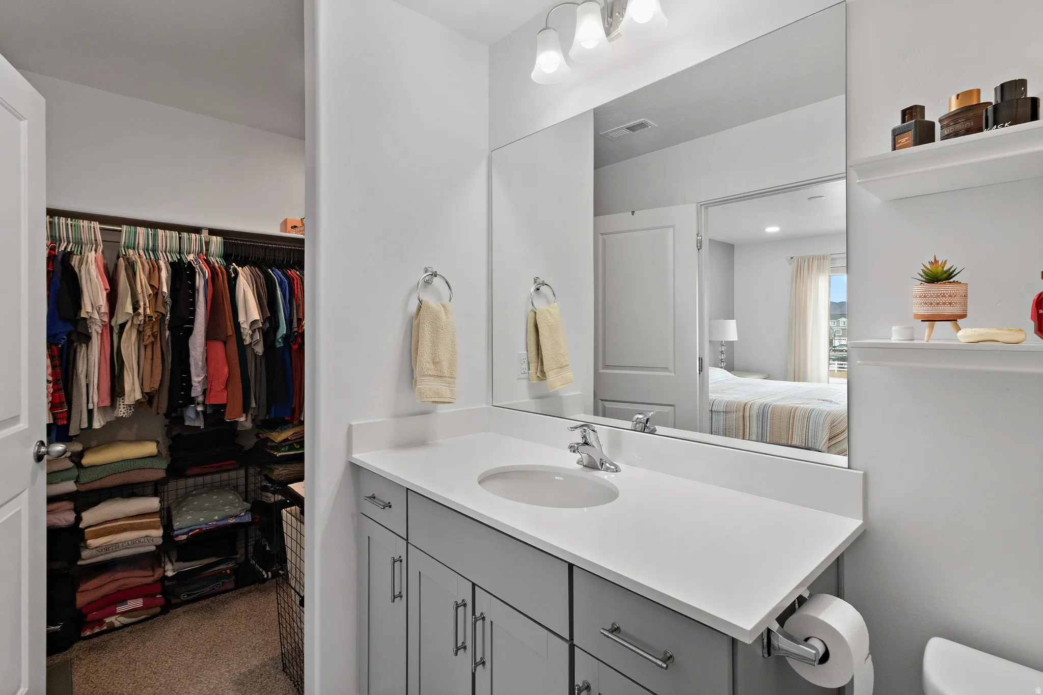 Ensuite bathroom with vanity, light colored carpet, and a walk in closet