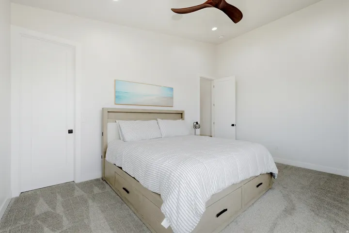 Recessed lighting, wood-finish ceiling fan, white paneled doors with black hardware, and light gray patterned carpeting