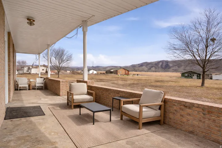 View of patio featuring a mountain view