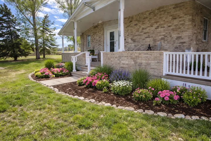 View of exterior entry featuring brick siding, a yard, and covered porch
