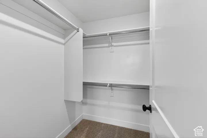 Walk in closet featuring dark carpet