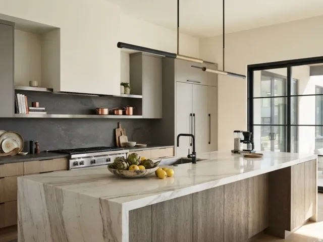 Waterfall island countertop with integrated sink and matte black faucet