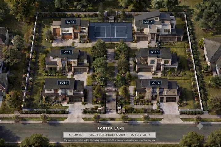 Site Plan, Conceptual Layout. Illustrating the arrangement of six properties and a recreational court within the property boundaries