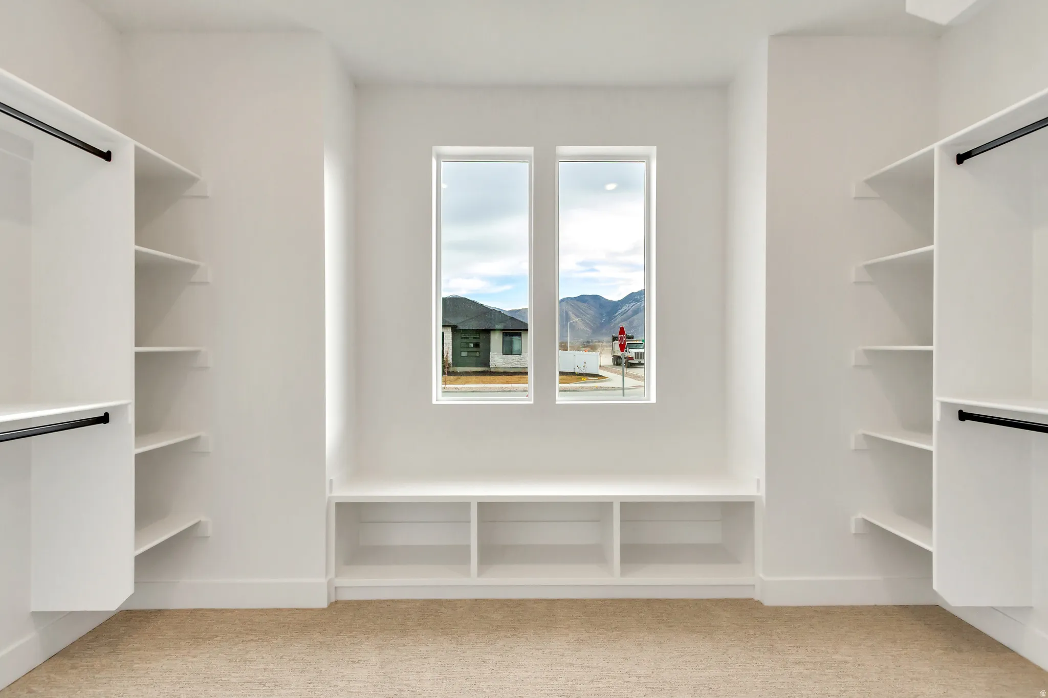 Walk in closet featuring light carpet