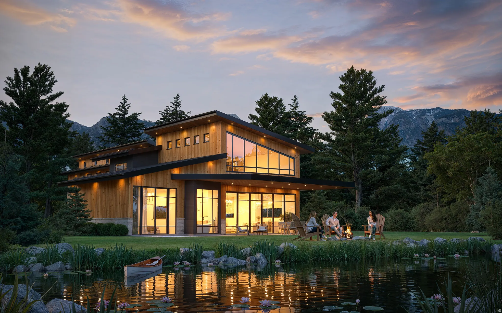 Back of house at dusk with a patio, a water and mountain view, and a yard