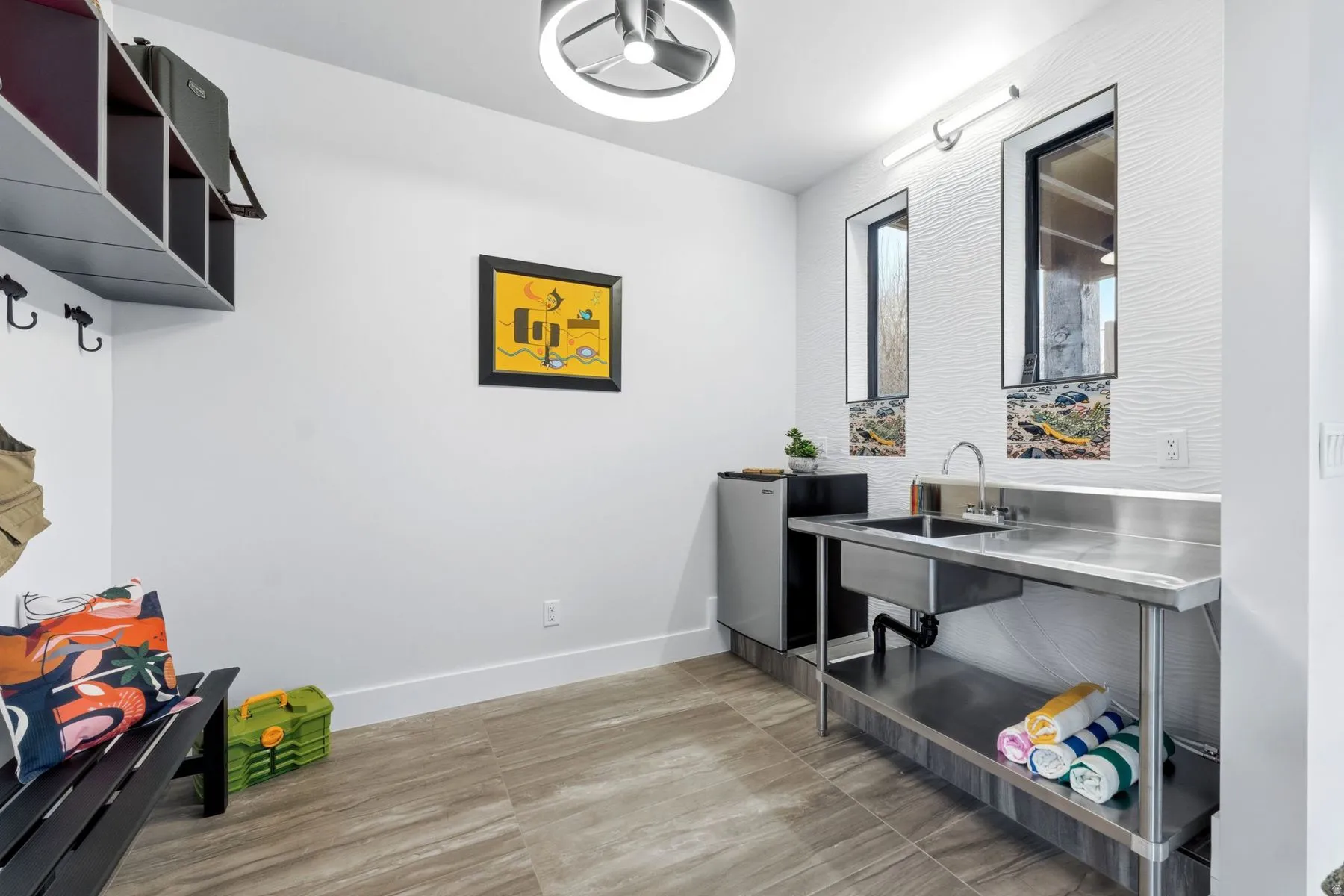 Interior space featuring stainless steel counters and baseboards