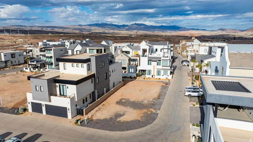 Aerial perspective of suburban area with mountains