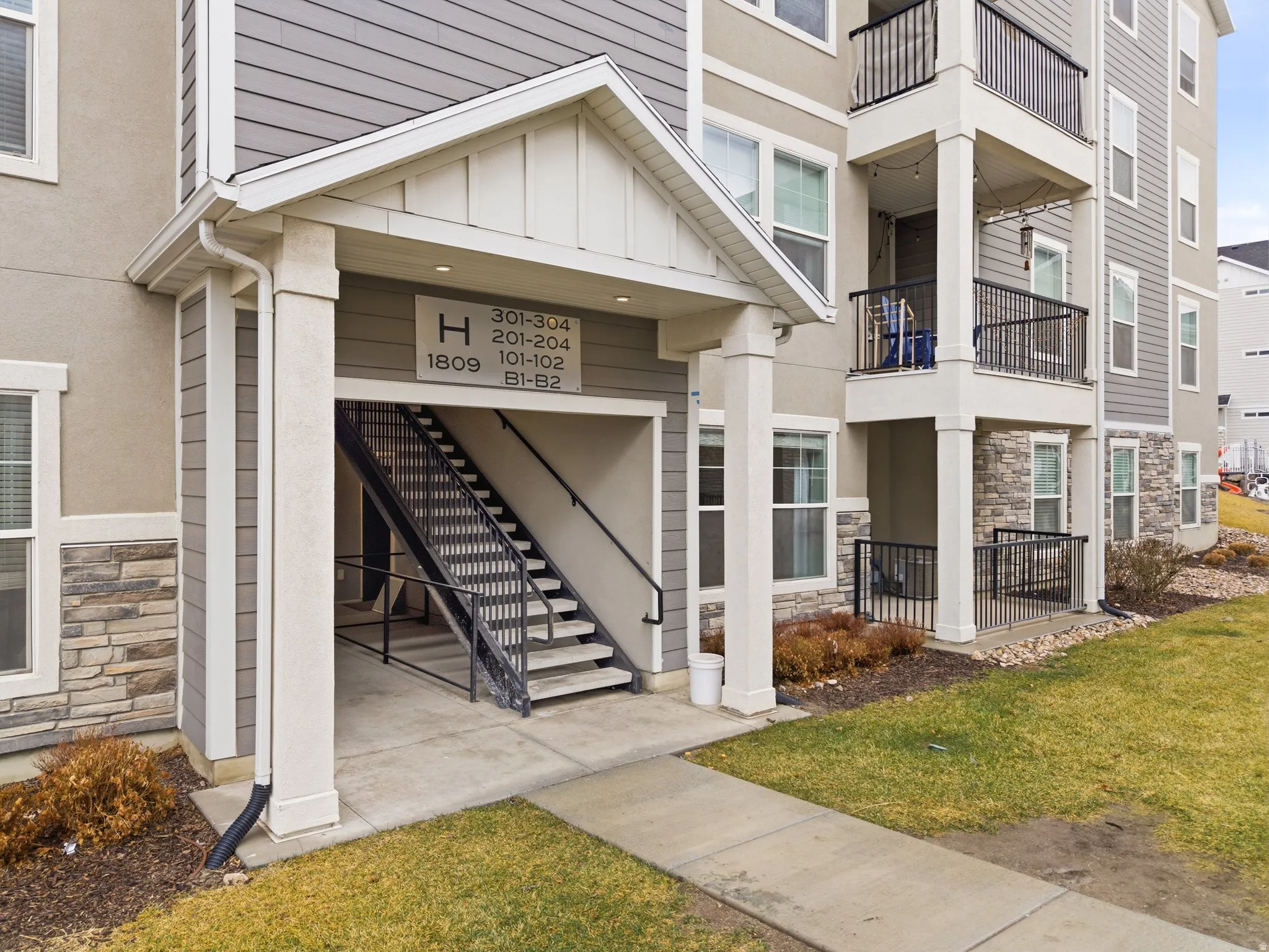 View of building exterior with stairs