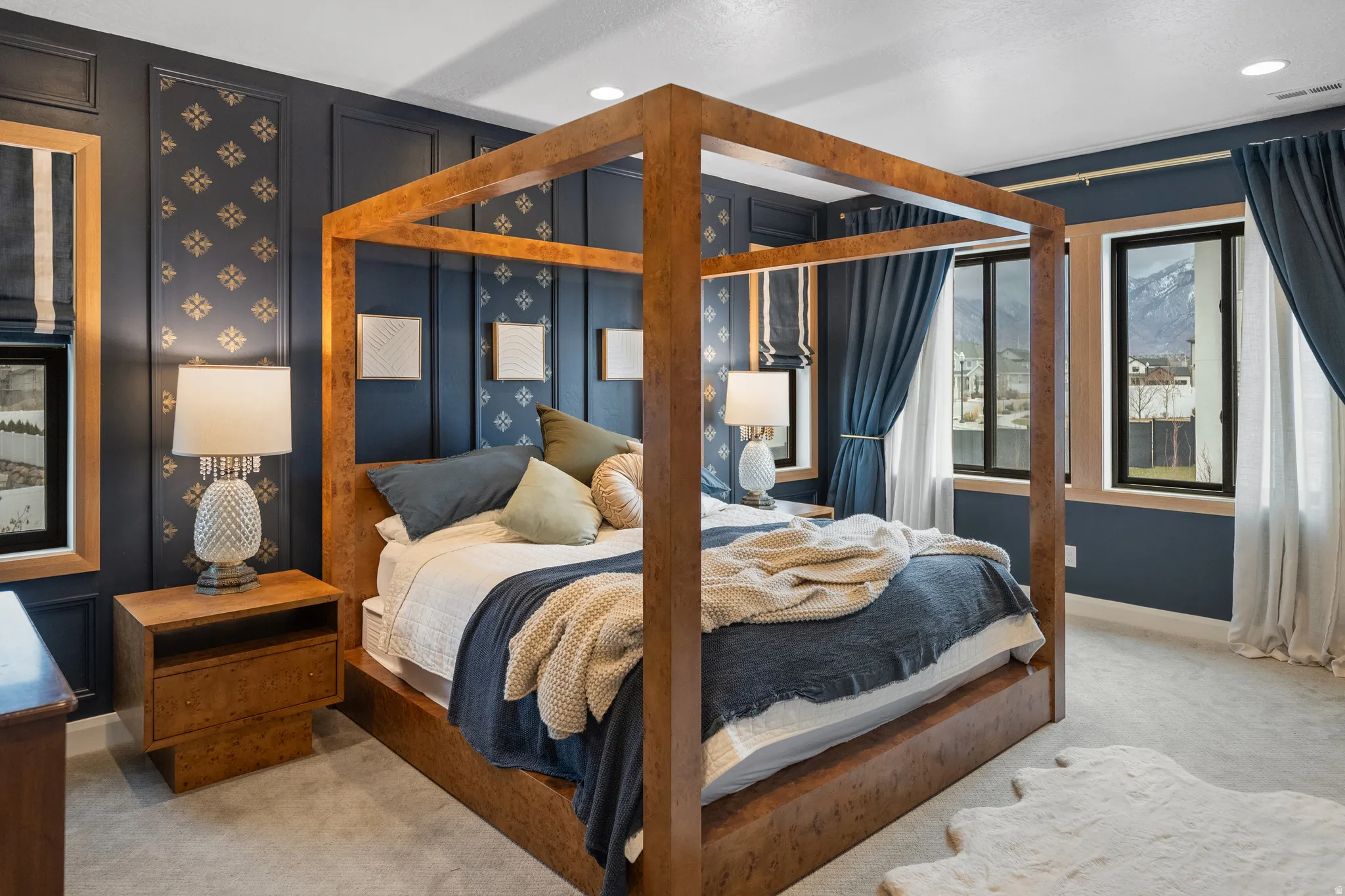 Bedroom with light carpet and recessed lighting