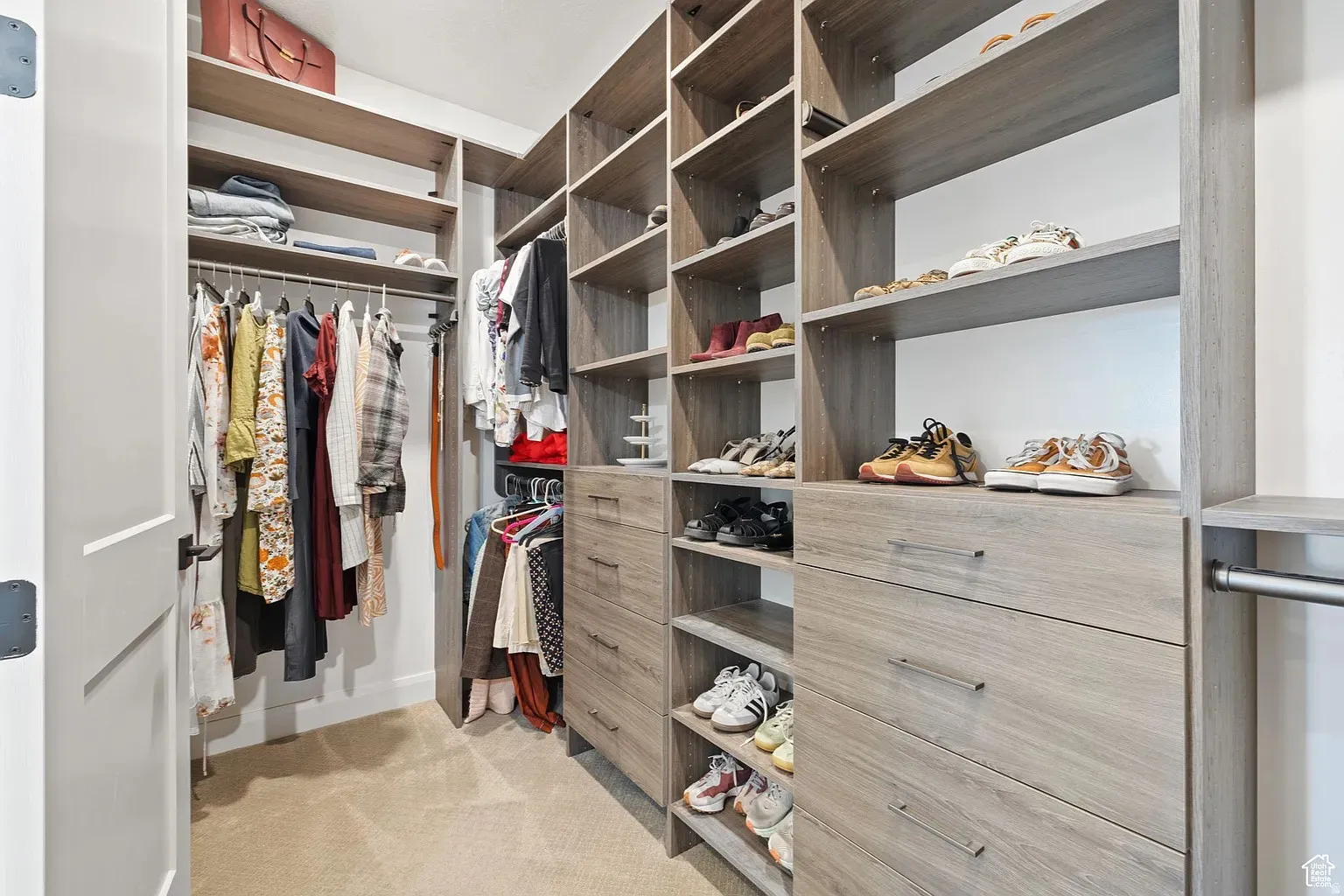 Walk in closet with light carpet