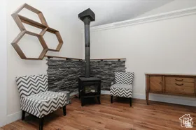 Living area featuring a wood stove and wood finished floors