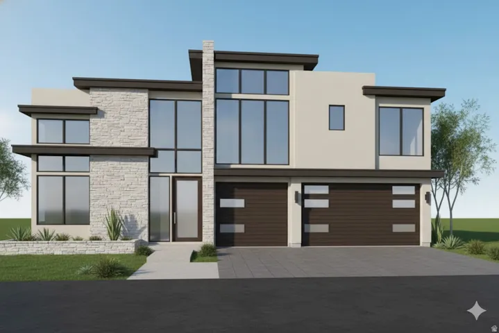 Modern home with stone siding, a garage, stucco siding, and driveway