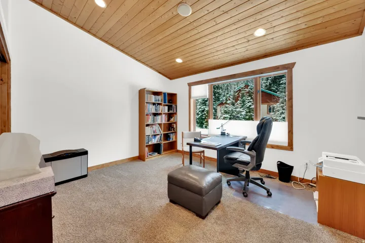 Office area featuring recessed lighting, wood ceiling, and light carpet