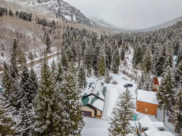 Snowy aerial view featuring a mountain view and a wooded view