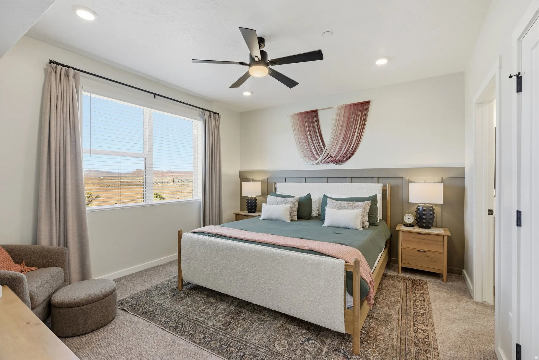 Bedroom with carpet floors, a ceiling fan, and recessed lighting