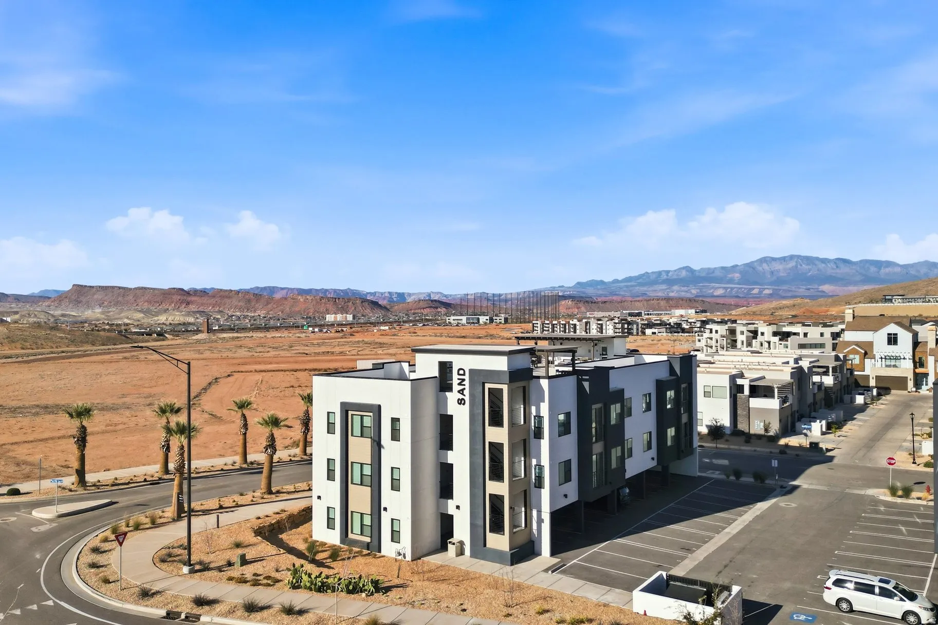 Drone / aerial view of a mountainous background
