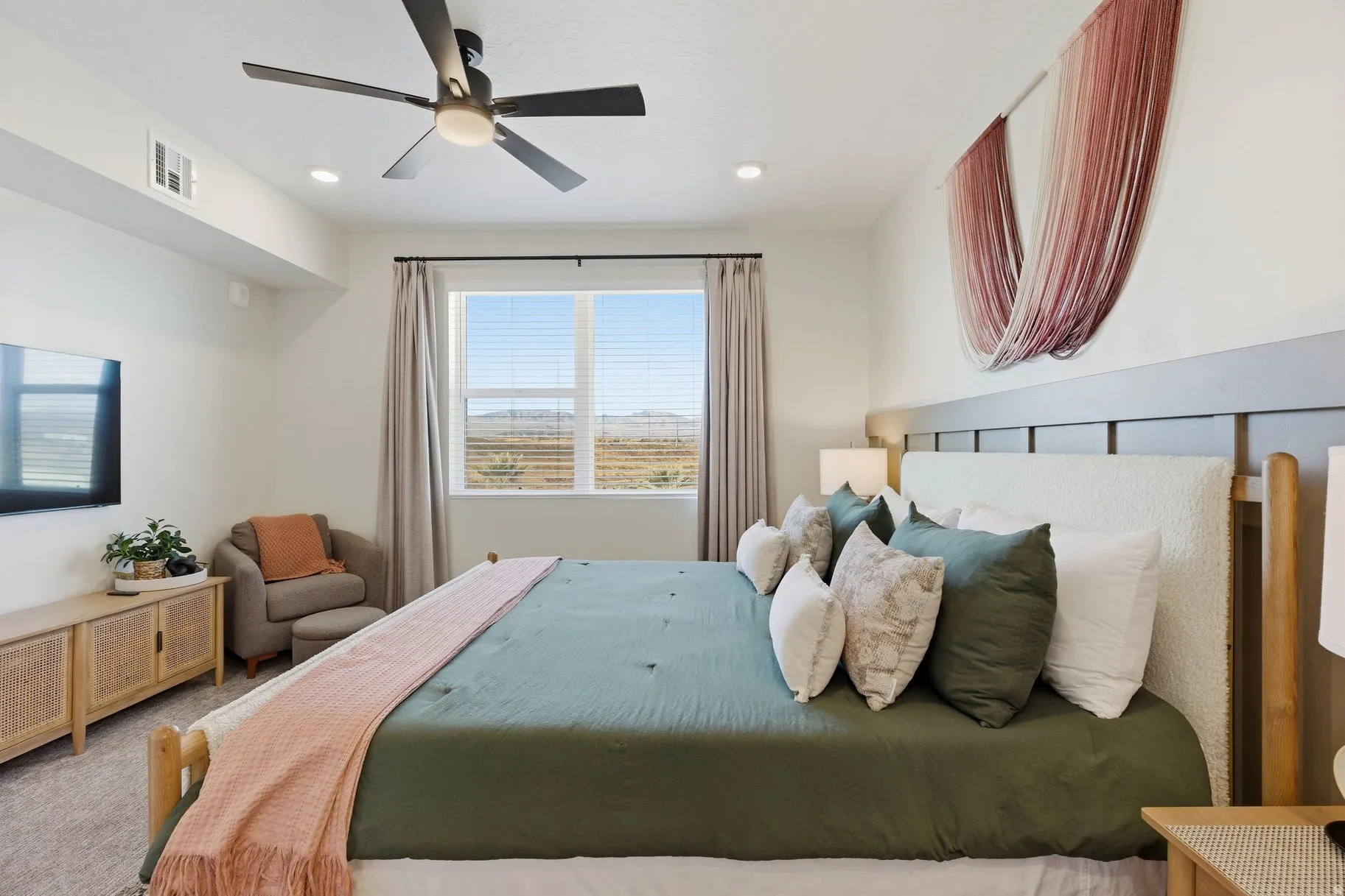 Bedroom featuring a ceiling fan, carpet floors, and recessed lighting