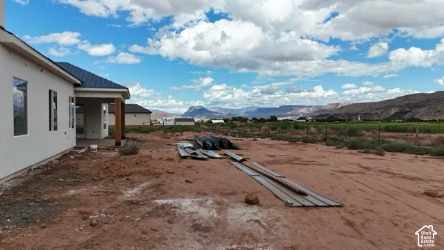 New construction property featuring a stucco exterior, dark shingle roof, and a covered patio with wood posts