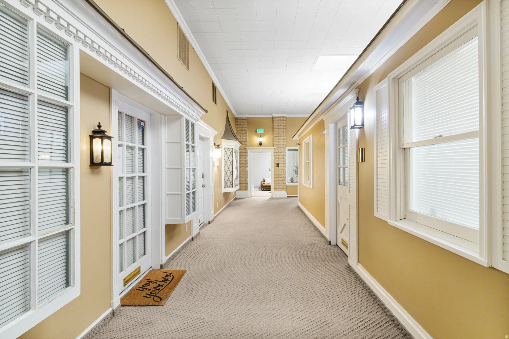 Hall featuring ornamental molding and carpet flooring