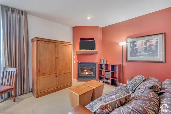 Living area with a glass covered fireplace and light carpet
