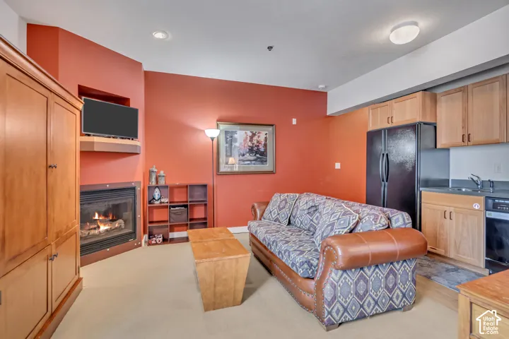 Living area featuring a glass covered fireplace and light colored carpet