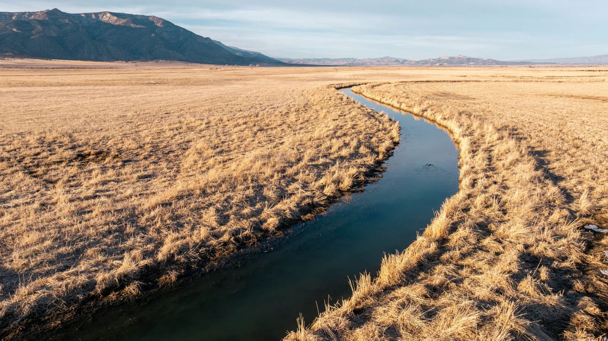 Aerial view of sparsely populated area featuring a water and mountain view