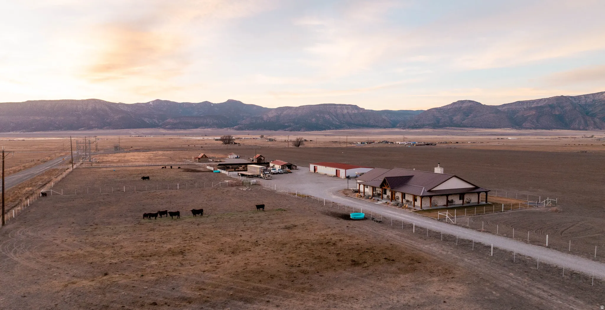 Aerial view at dusk of a view of countryside and a mountain view