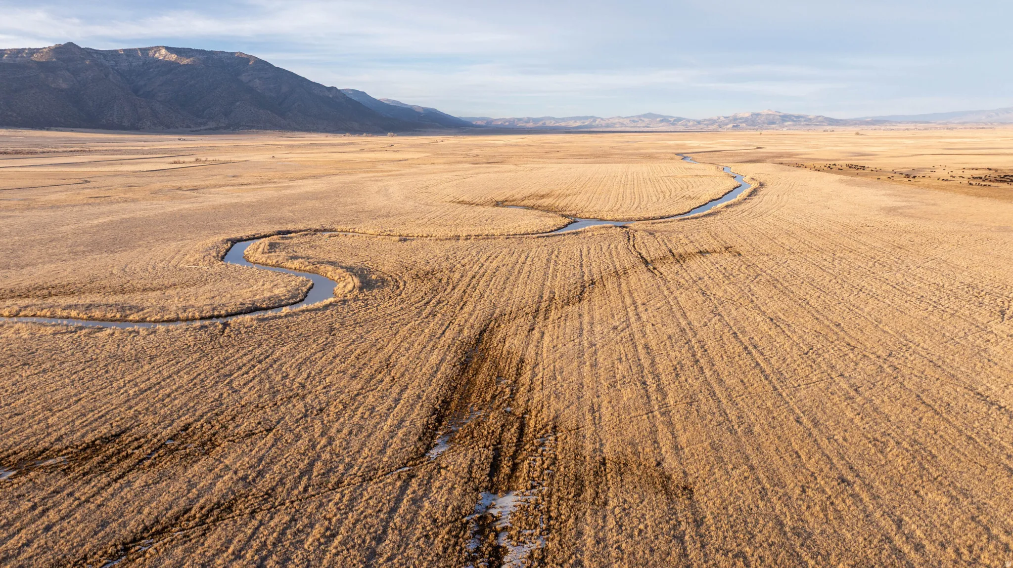 Overview of rural landscape with a mountain backdrop