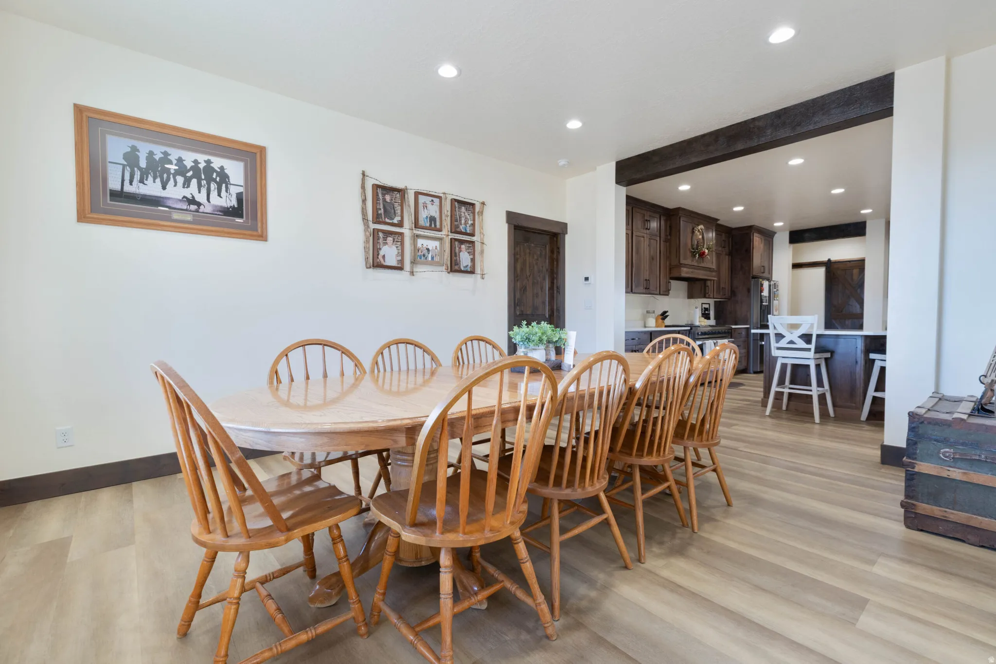 Dining area featuring recessed lighting and light wood finished floors