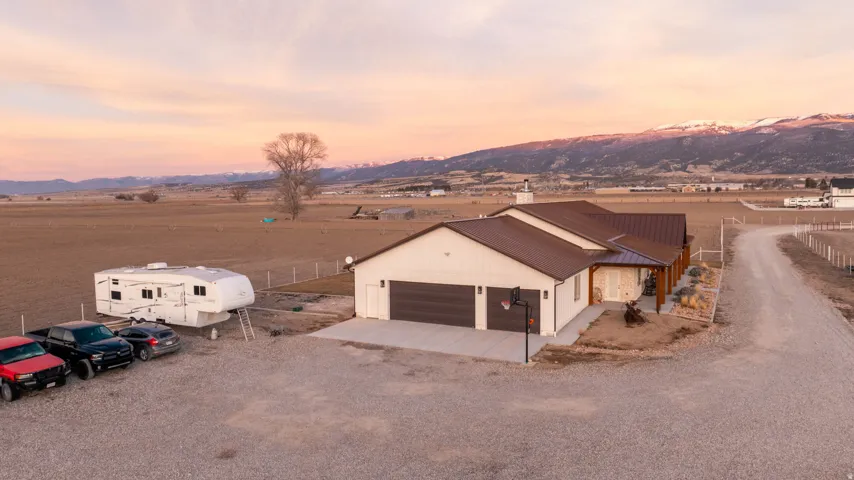 Aerial view at dusk of a rural view and a mountain view