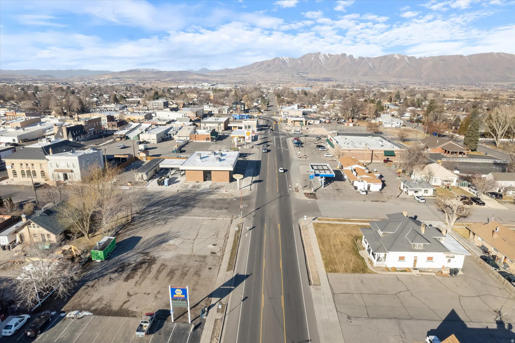 Aerial view of residential area with mountains