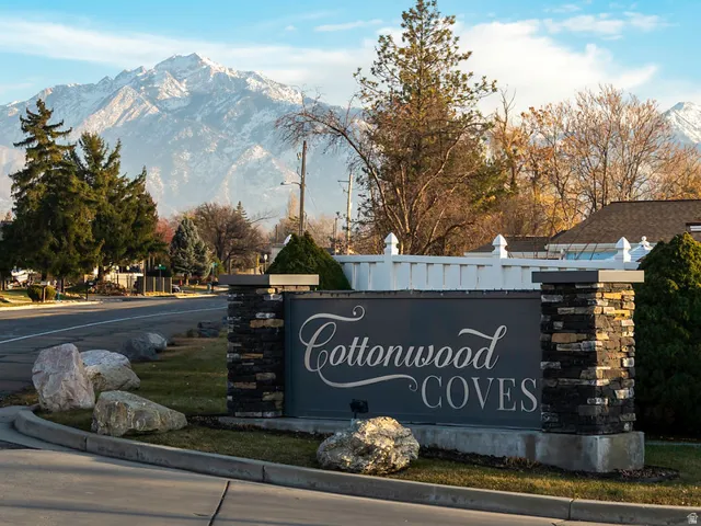 Community / neighborhood sign with a mountain view