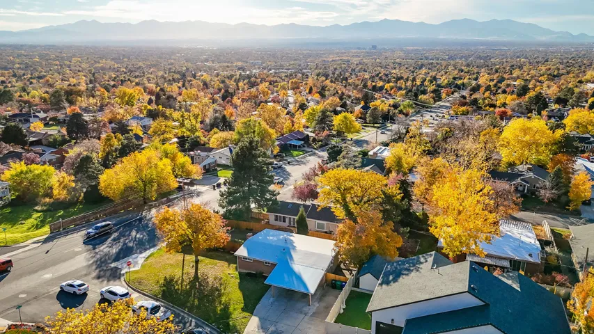 Aerial view of residential area with mountains