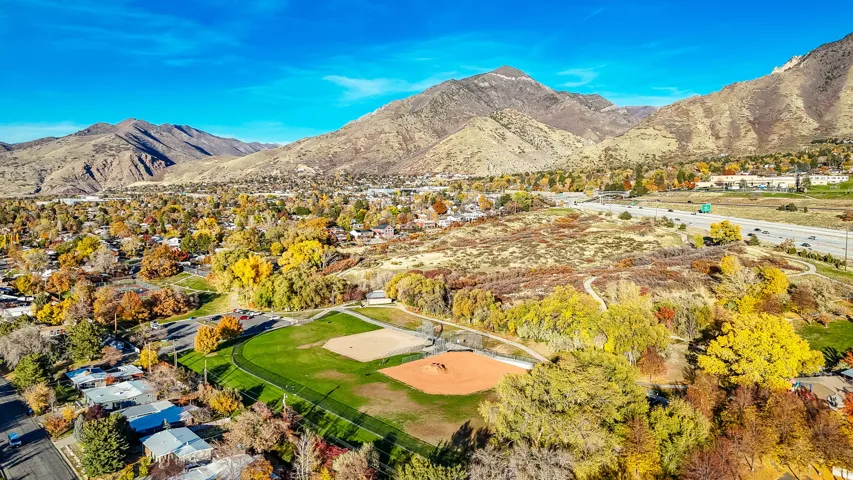 Aerial view of residential area with mountains