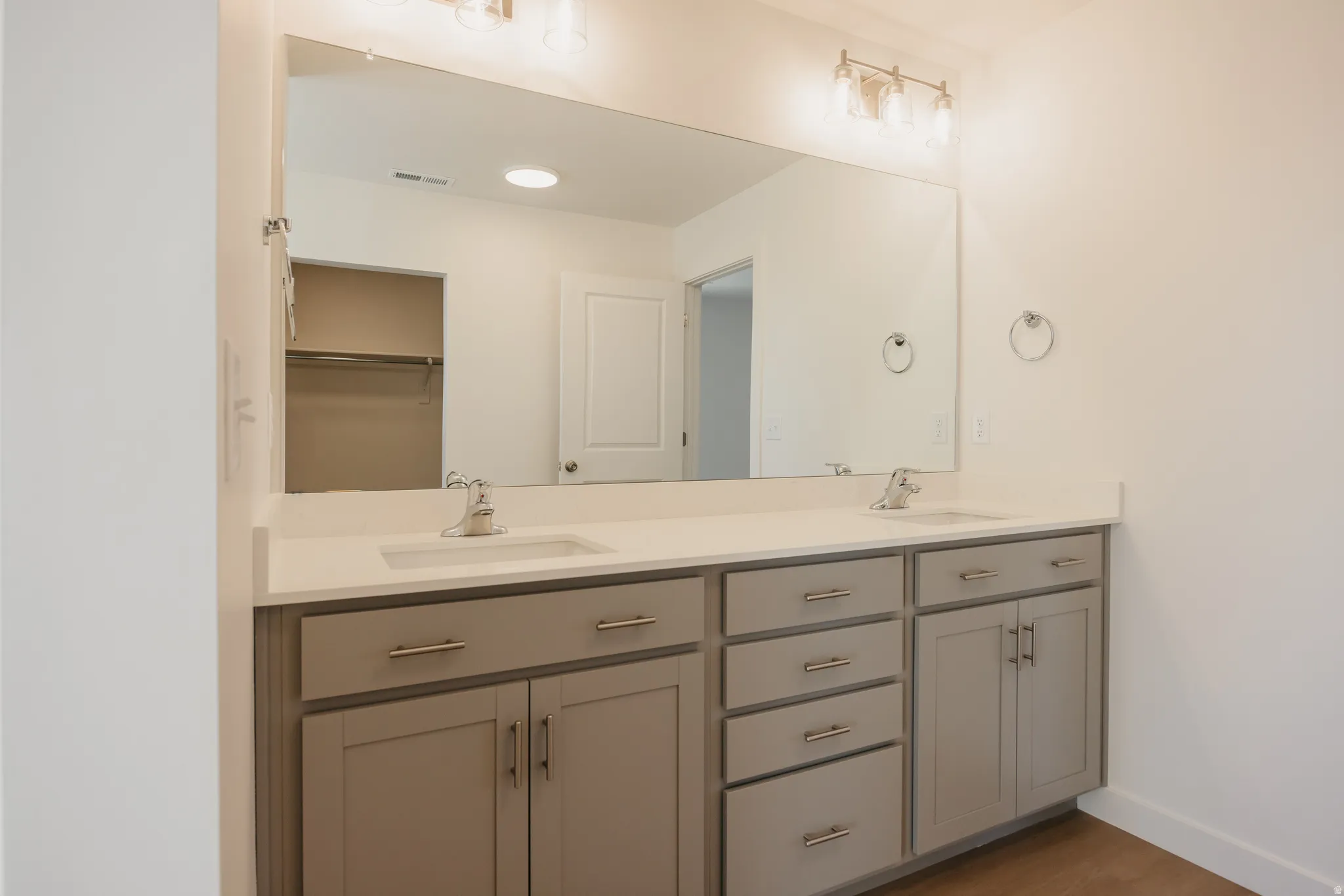 Bathroom featuring double vanity, light wood-type flooring, and a walk in closet