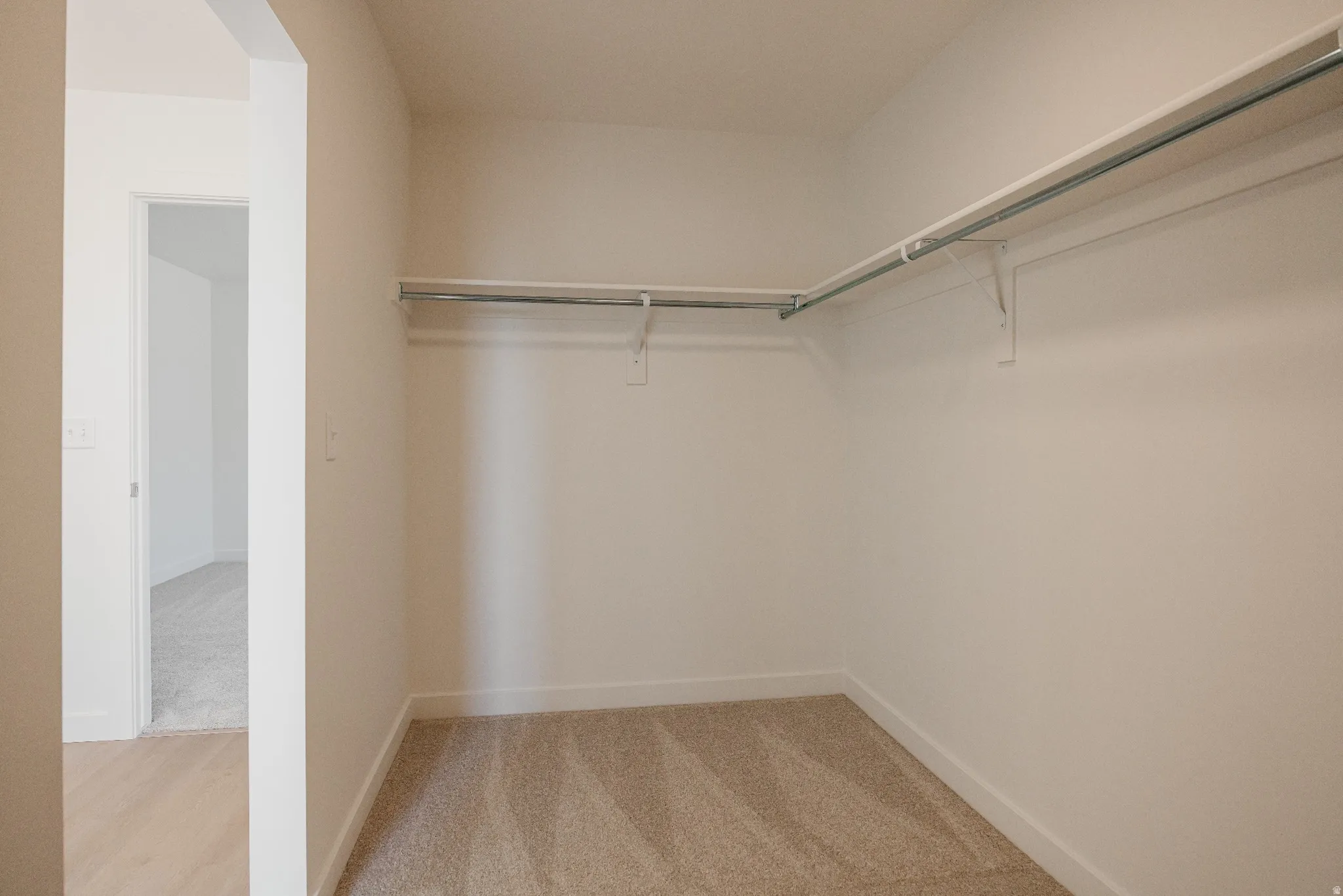 Walk in closet featuring light colored carpet