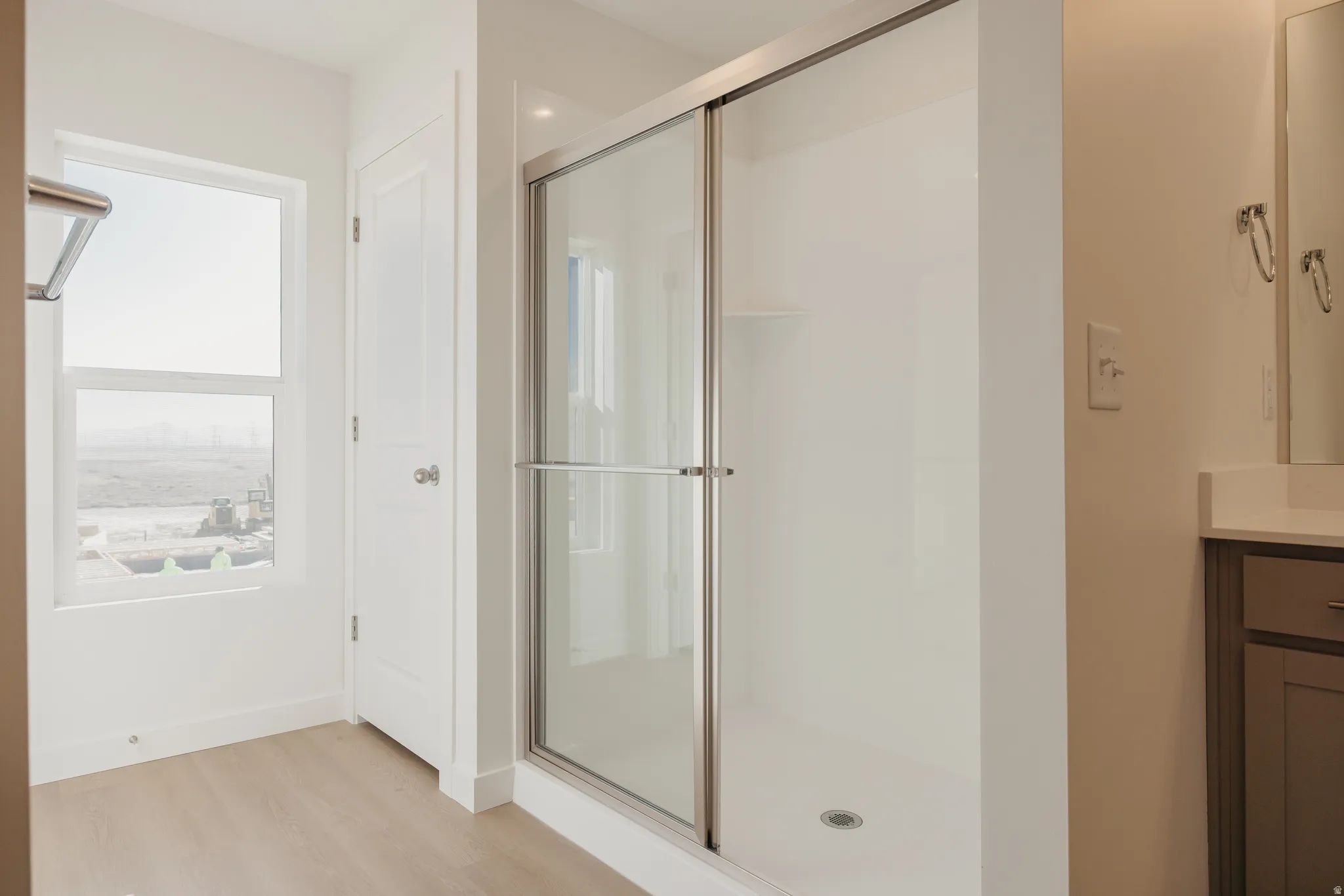 Bathroom featuring a shower stall, light wood-style floors, and vanity