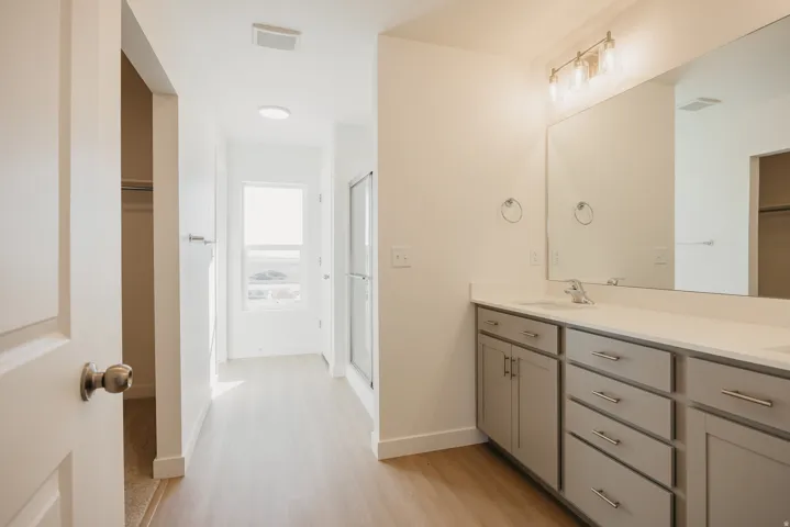 Full bath with a walk in closet, double vanity, a shower stall, and light wood-style flooring
