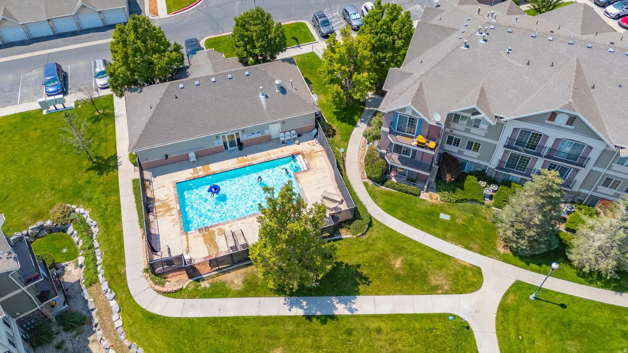 Drone / aerial view of a pool area