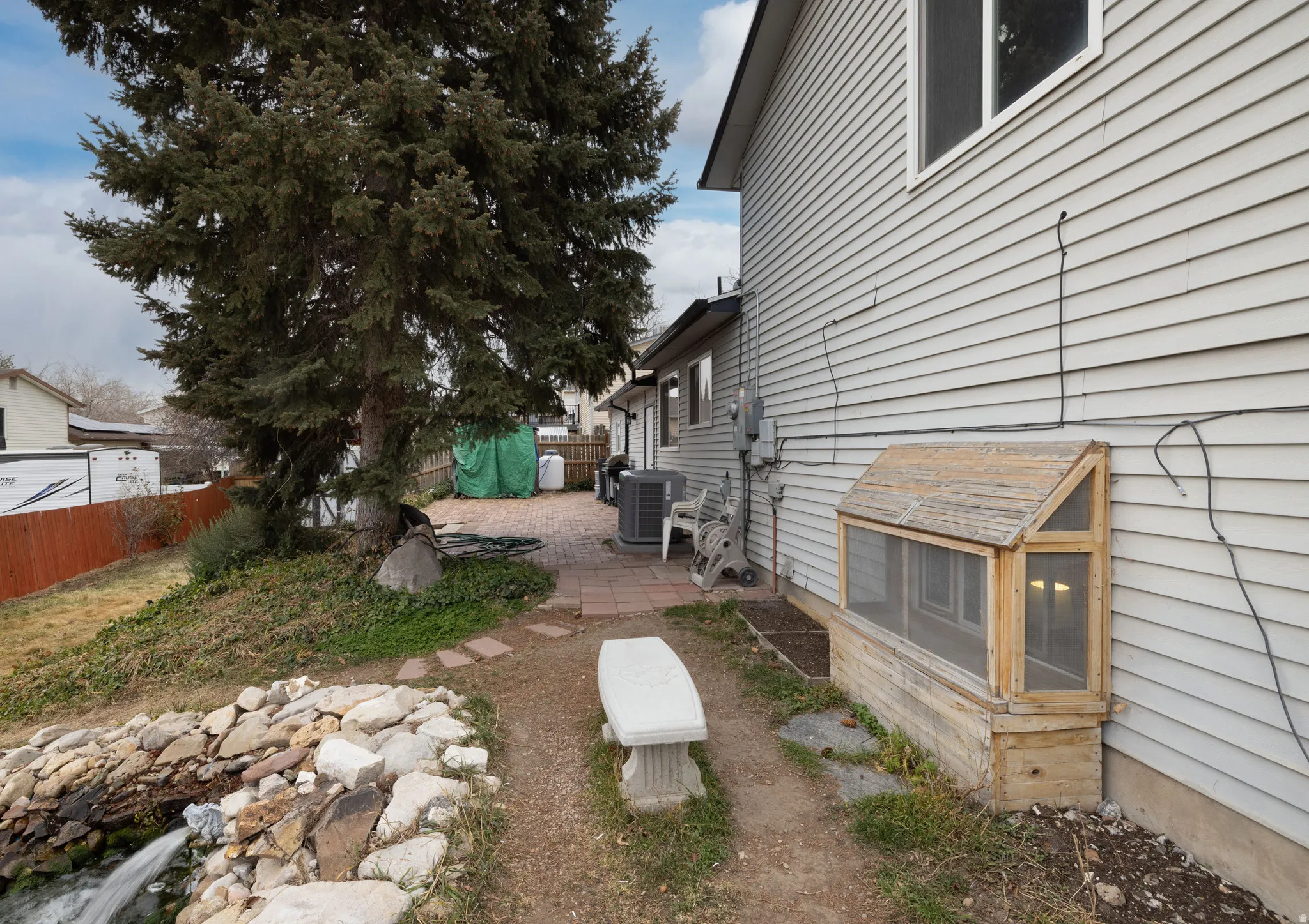 Fenced backyard featuring a patio