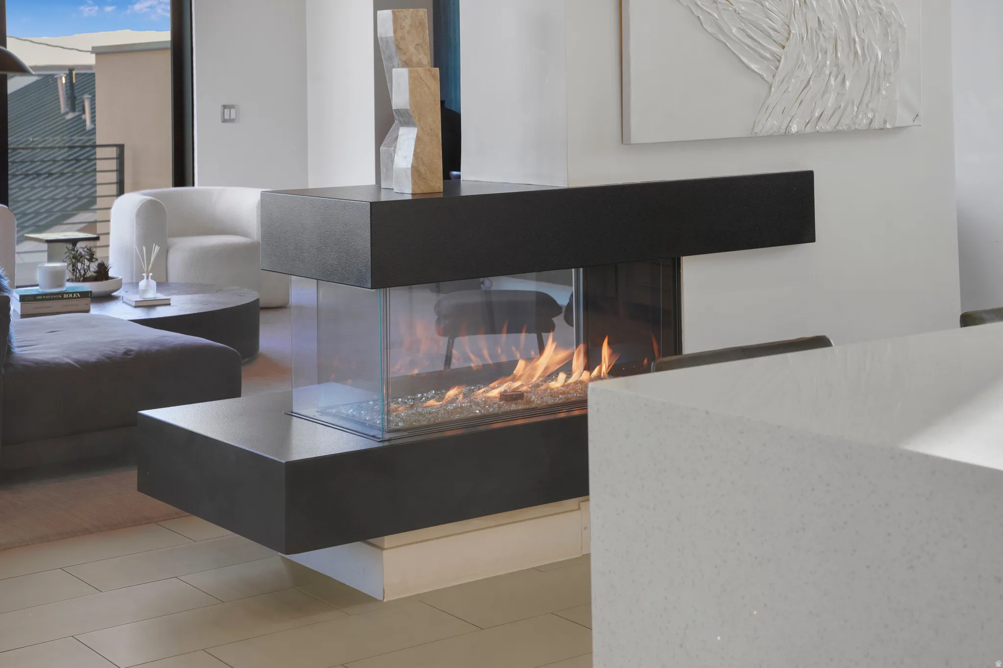 Detailed view of a multi sided fireplace