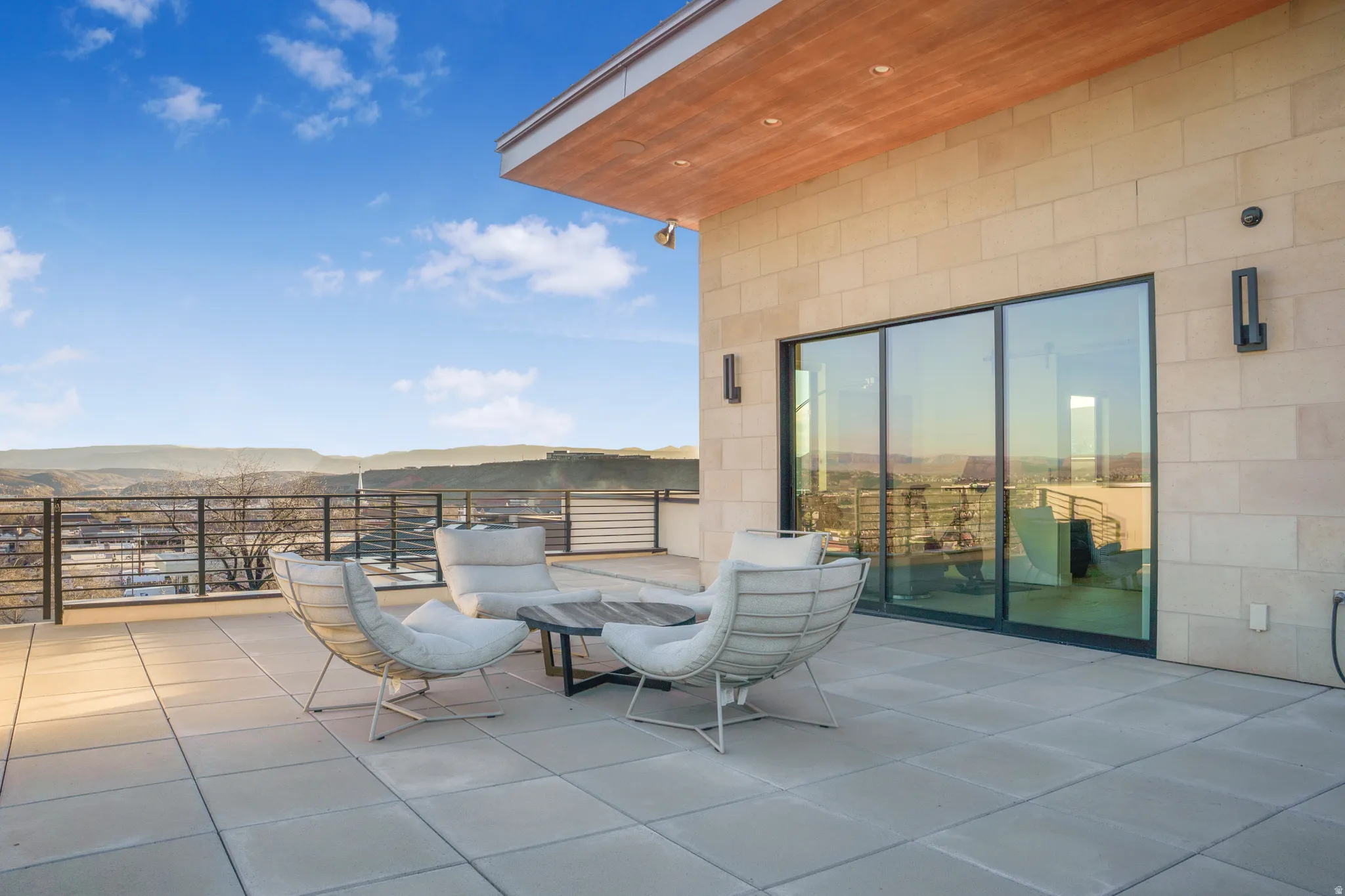 View of patio with a mountain view