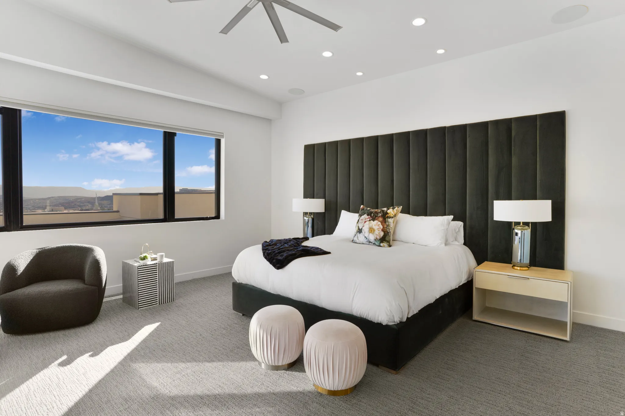 Carpeted bedroom with recessed lighting, a ceiling fan, and vaulted ceiling