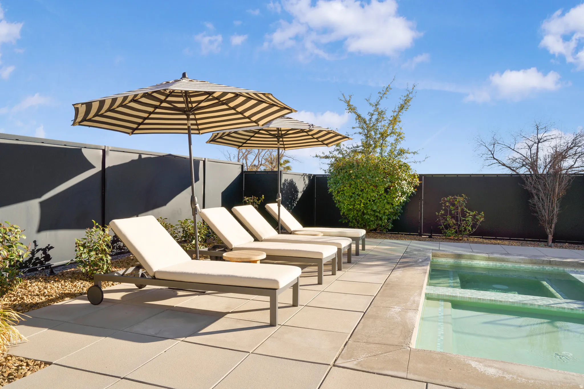 Integrated pool / hot tub with a patio area and a fenced backyard