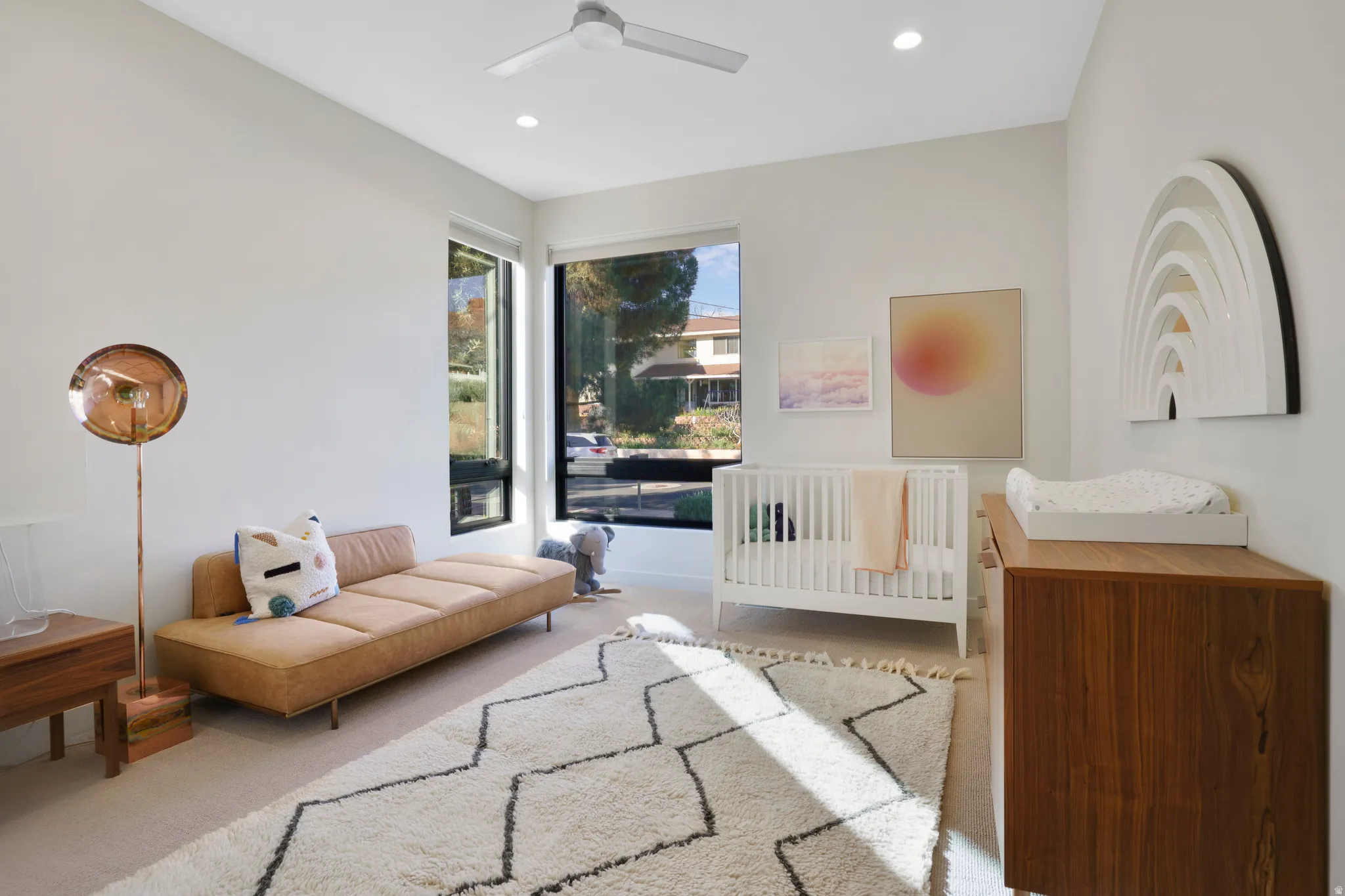 Bedroom with a ceiling fan, recessed lighting, and carpet floors